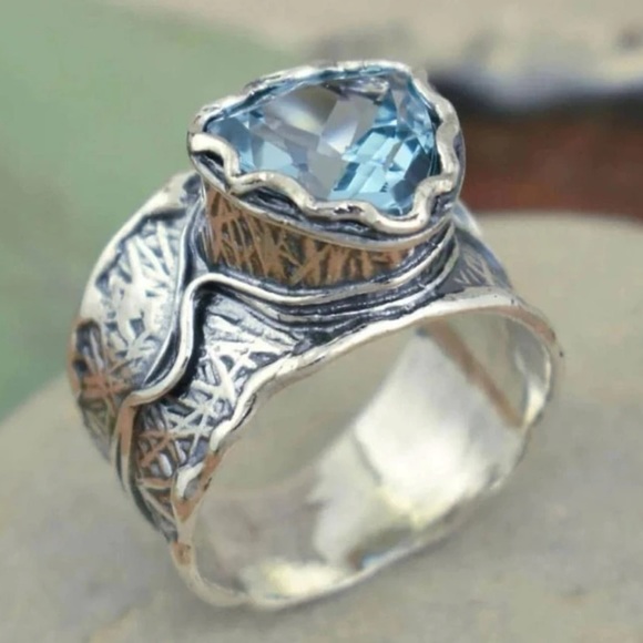 Boho Blue Gemstone Zirconia Wide Vintage Inspired, Silver Plated Fairy, Ring - Picture 8 of 12